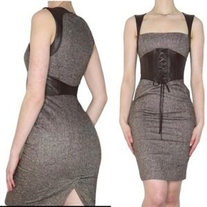 Bebe Y2K Wool Corset Bodycon Dress‎ w/ Leather Trim Size 4 Gray Black Vintage